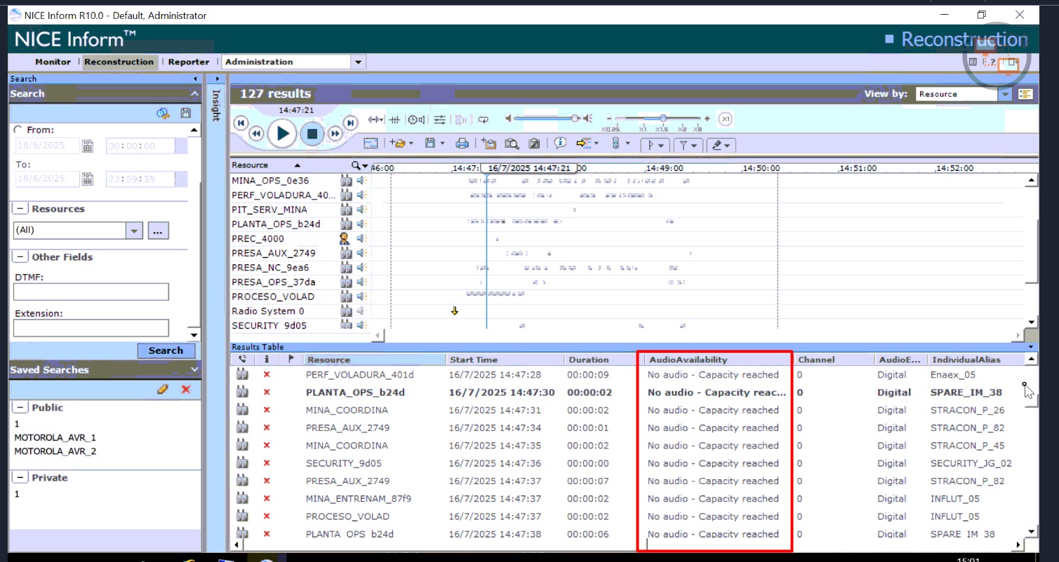 No Audio - Capacity Reached error message in NICE Inform application.