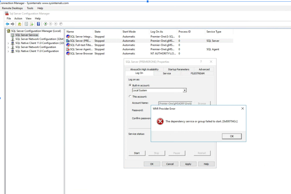 P1INF: SQL service will not start on database server [SQL] [Service]