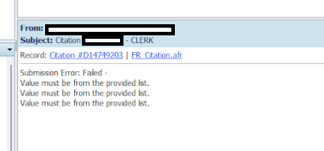 Submission Error on DUI Citation - Value must be from the provided list