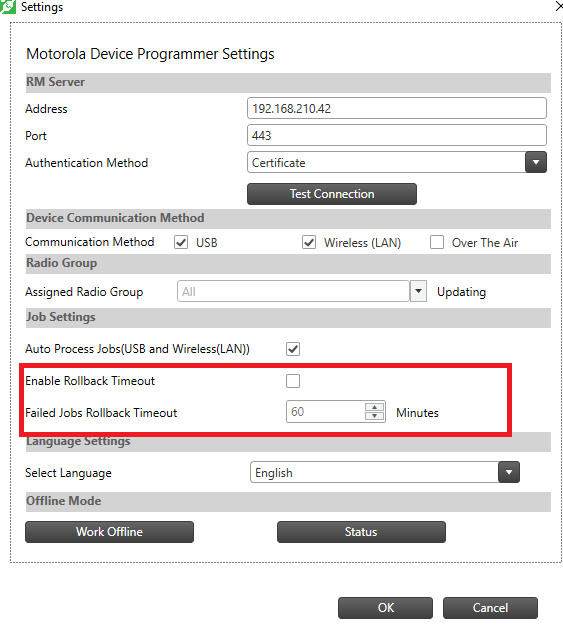 What is the purpose of the Rollback Timeout Settings in the APX RM ...