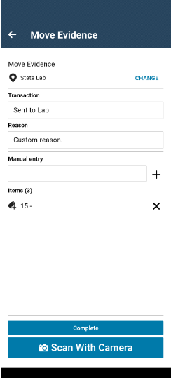 Flex Scanner App: Move Evidence Screen