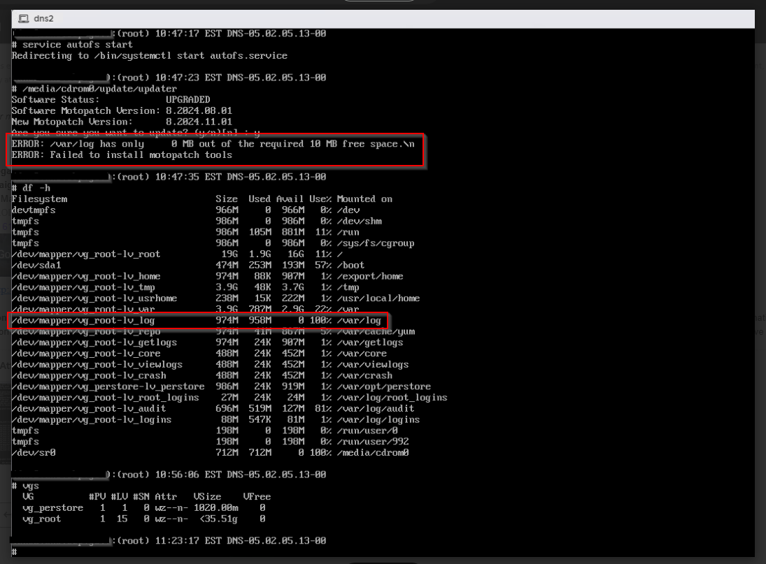 Unable to patch IMW 5.2.5 Linux server due to /var/log being 100%