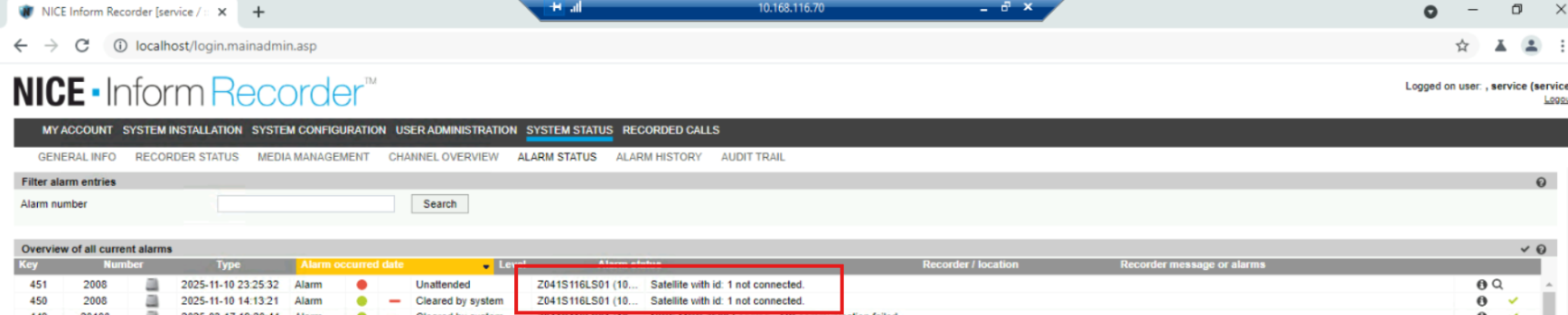 NICE NIR alarm on DatabaseInterfaceServer Satellite with id:1 not connected