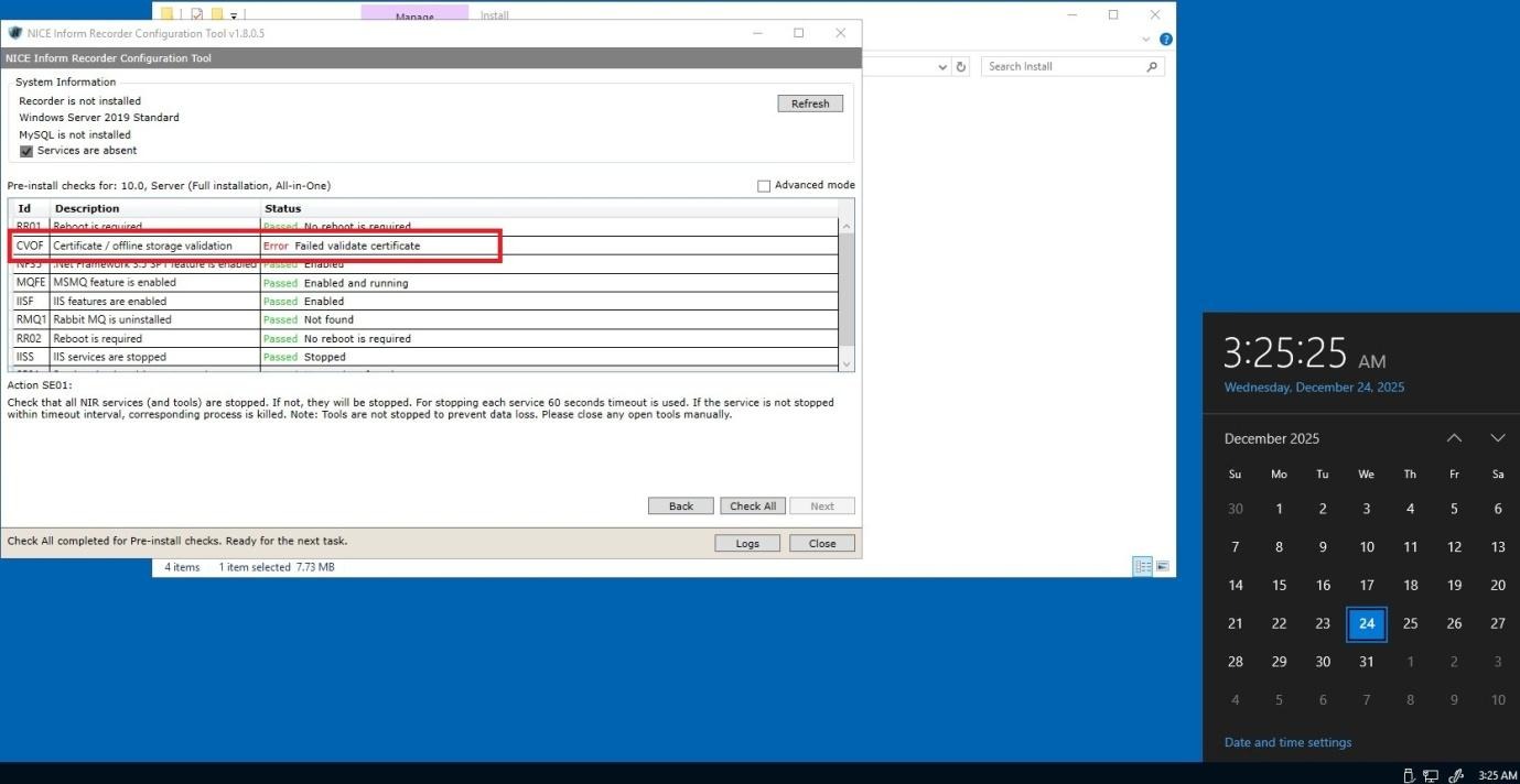 Unable to proceed with the installation of NICE NIR10 due to server ...