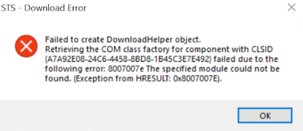 After installing STS for MC-EDGE, attempting to download in STS results ...
