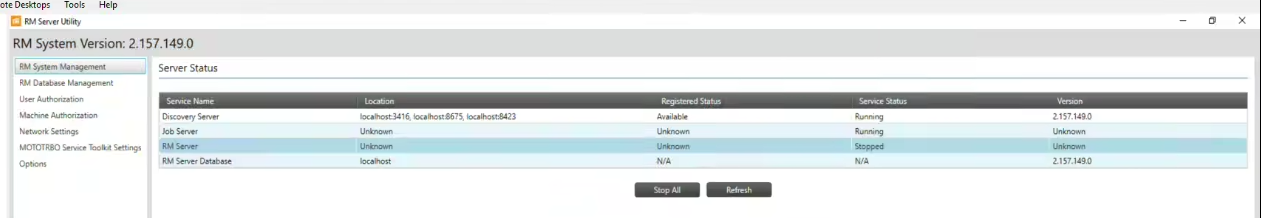 MOTOTRBO RM Job Server and RM Server show as 