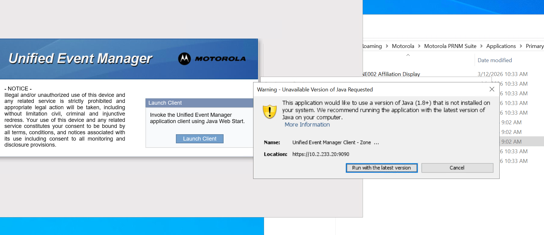 Post-update UEM Application Error - Unavailable Version of Java Requested