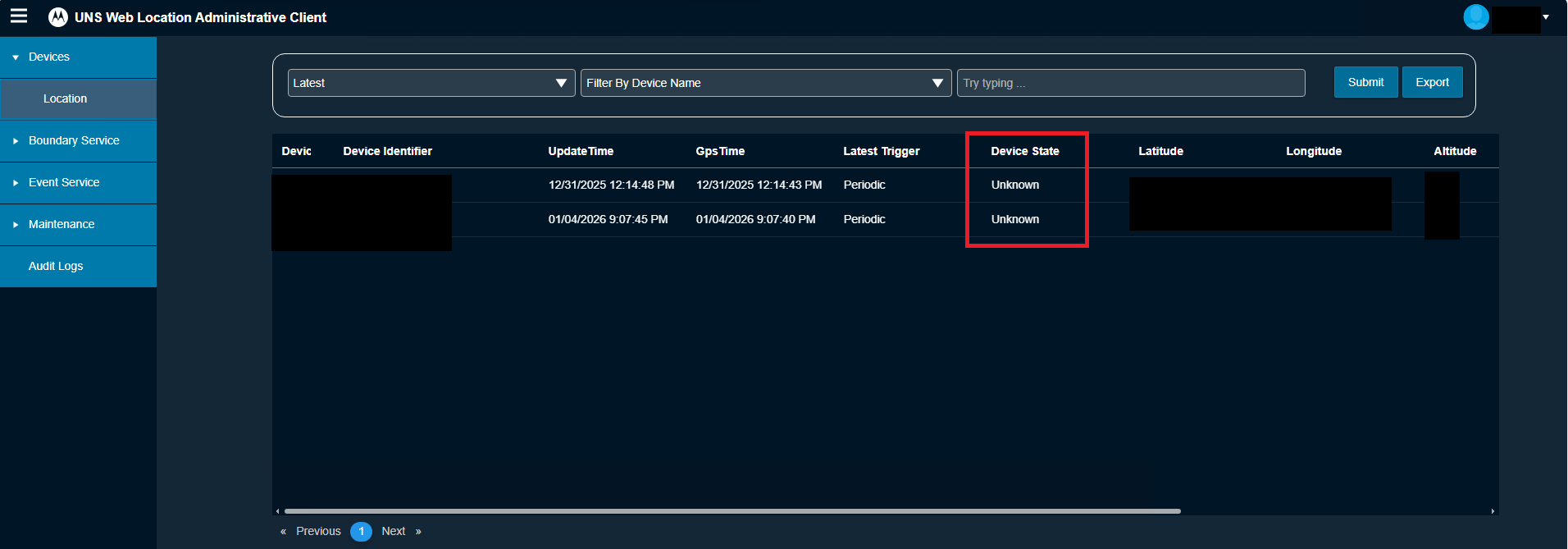 IMW 5.2.5 UNS Web Location Device State Reporting as Unknown