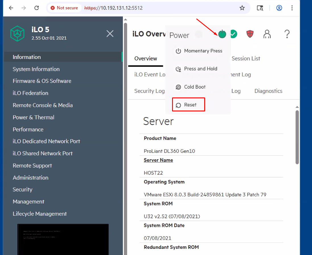 P1 INF: How to reboot an ESXI host and HP iLO
