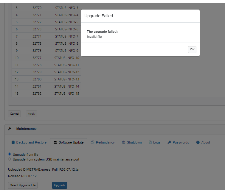 Dimetra Express (DEX) Upgrade Failure with error message 