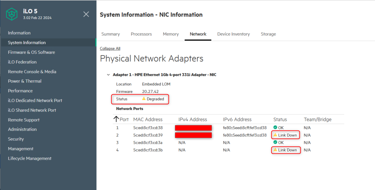 VESTA - LSS Server iLO Network Ports Showing Degraded State