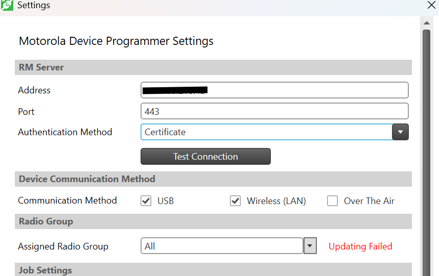 Radio Management Device Monitor Test Connection Failed On Server Computer